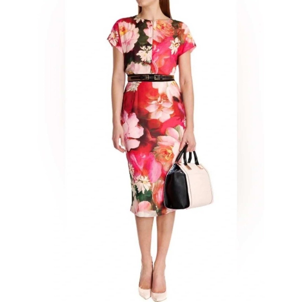 Ted Baker Cocoe Floral Sheath Dress Red Pink Short Sleeve Wedding Guest Sz 2
